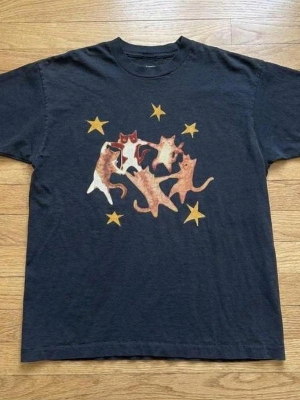 Black Short Sleeve Tee with Orange & White Cat Graphic